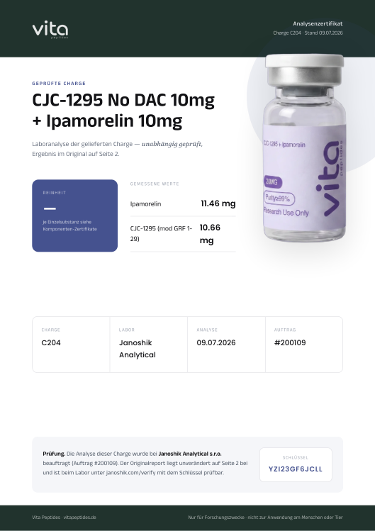 Vita-Zertifikat CJC-1295 No DAC 10mg + Ipamorelin 10mg, Charge C204